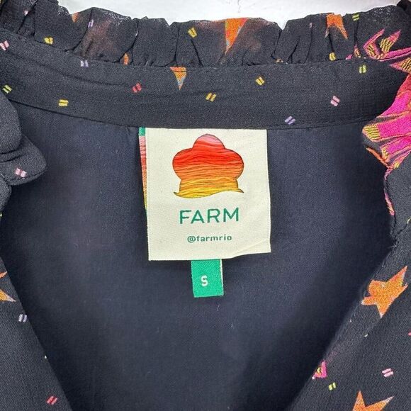 Farm Rio Women’s Black Pink Macaw Bird Orange Stars 3D Star Buttons Midi Dress - Picture 4 of 13